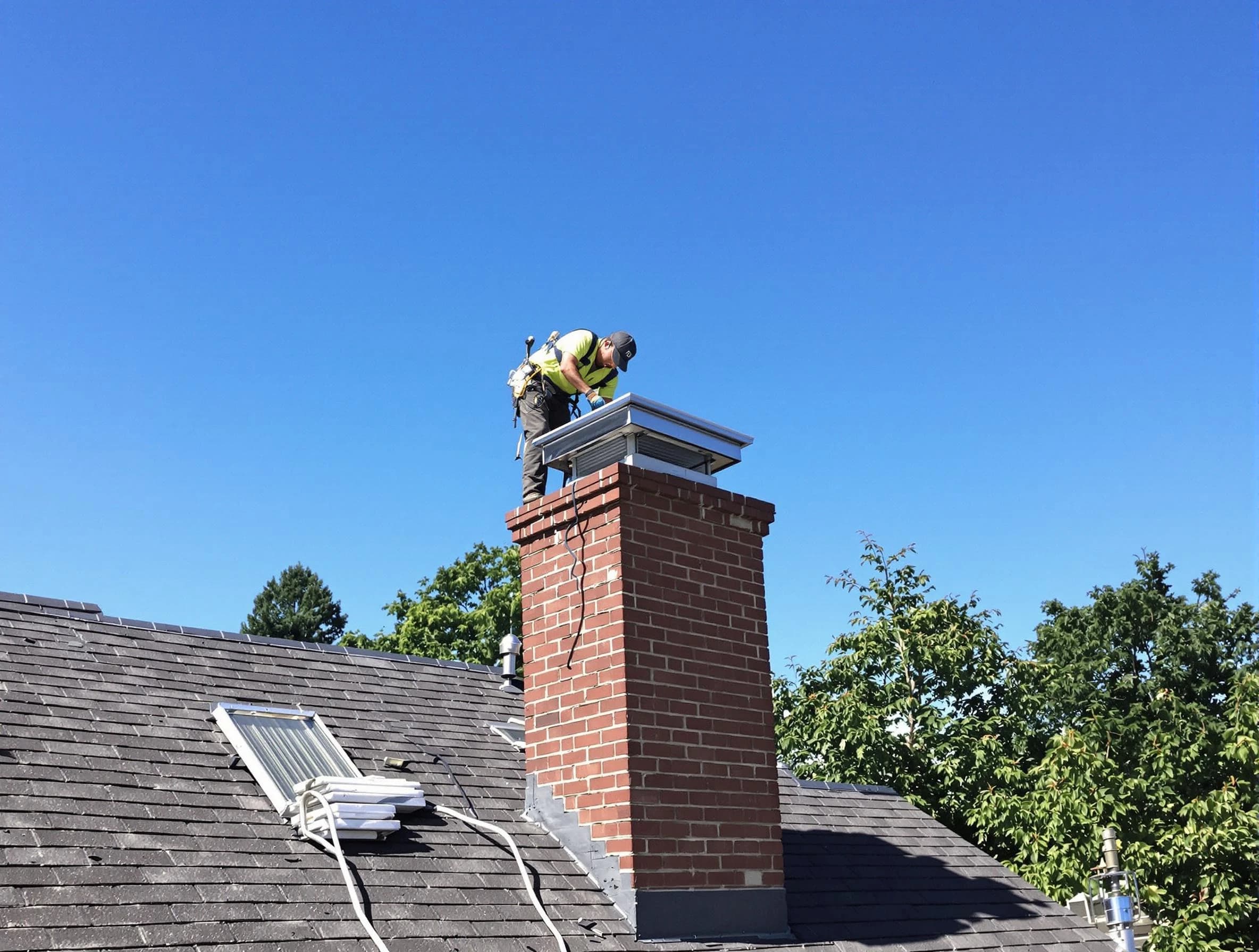 Castle Pines Village Chimney Sweep technician measuring a chimney cap in Castle Pines Village, CO